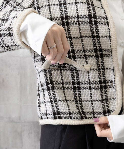 韓国風ツイードジャケット ライトアウター チェック柄ショートジャケットレディース カジュアル春秋上着 おしゃれ きれいめ 通勤服OL羽織り 着やせアウター 細見え 6QINGROU-002